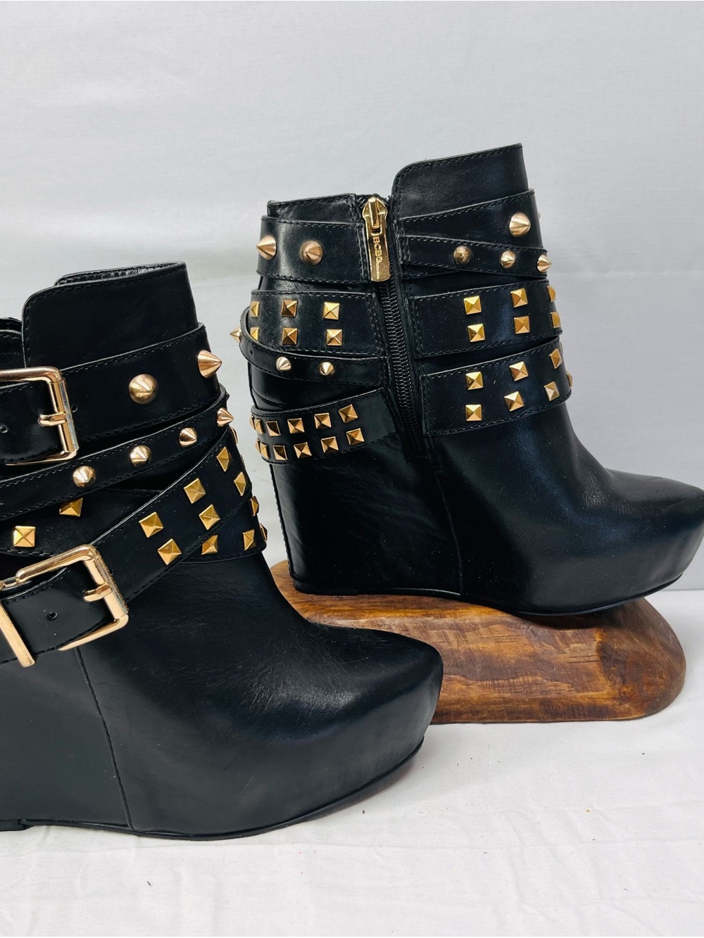 BCBGeneration Black Wedge Ankle Boots with Gold Studs